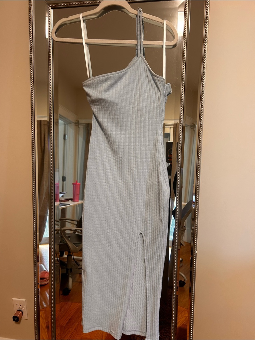 One-Shoulder Light Gray Ribbed Midi Dress
